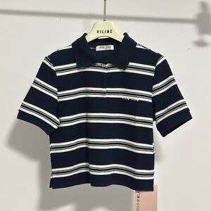 Miu Miu striped button-down polo short-sleeved T-shirt in navy blue